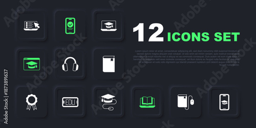 Set Electronic book with mouse, Graduation cap mobile, Headphones, Online class, education, quiz, test, survey and icon. Vector