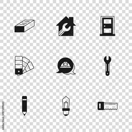 Set Light bulb, Wrench spanner, Hand saw, Worker safety helmet, Closed door, Brick, House with wrench and Color palette guide icon. Vector