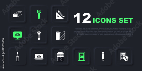 Set Pencil with eraser, Security keypad access panel, Wrench spanner, Closed door, Worker safety helmet, Adjustable wrench and Chimney icon. Vector