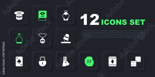 Set Magic carpet, Game dice, Medallion on chain with eye, runes, Bottle potion, Open padlock, Ancient magic book and Rabbit ears icon. Vector