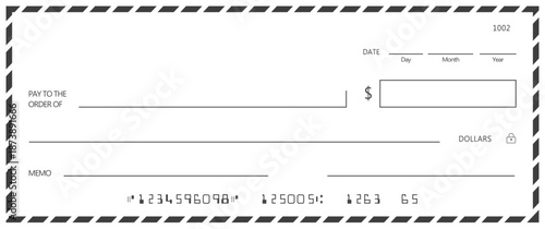 Bank check, vector blank money cheque, checkbook template with guilloche pattern and fields. Currency payment coupon, money check background