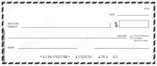 Bank check, vector blank money cheque, checkbook template with guilloche pattern and fields. Currency payment coupon, money check background