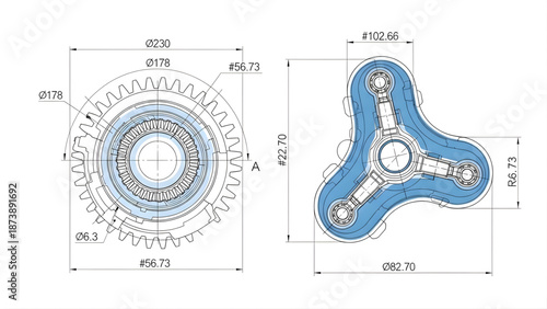 Engineering drawing of mechanical parts with dimensions