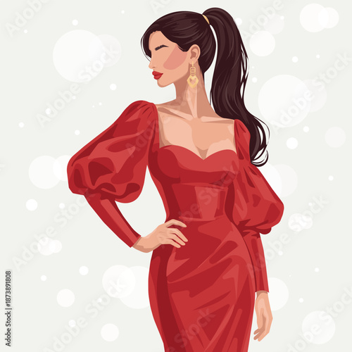 Luxury faceless fashion vector illustration of an elegant woman in a red puff sleeve evening dress with sweetheart neckline on minimal bokeh background, ideal for beauty branding, fashion ads, magazin