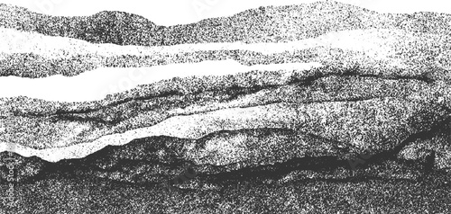 Abstract monochrome background with irregular layered shapes and granular textures creating a sense of depth and organic form in a stark black and white palette