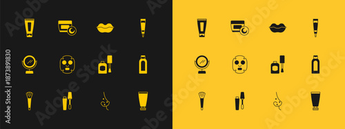 Set Cream or lotion cosmetic tube, Mascara brush, Bottle of nail polish, Acne, Facial mask, Smiling lips, and icon. Vector