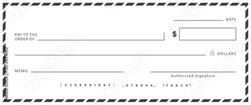 Empty money cheque. Bank check. check book template with pattern and blank fields. Currency payment coupon, US dollar check background.