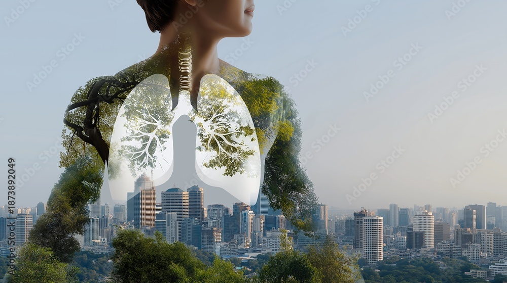 Fototapeta premium A human lung silhouette double-exposed with city skylines dissolving into clean forests, illustrating air quality, public health, and environmental responsibility. cinematic color correction,