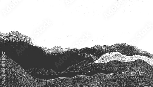 Abstract monochrome landscape with stylized mountainous terrain rendered in textured horizontal lines and granular detail creating a dramatic visual effect