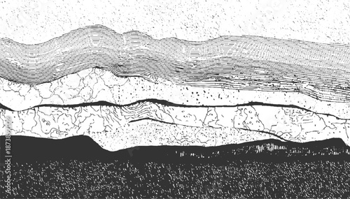 Abstract monochrome landscape with layered textures resembling geological formations or undulating terrain with a dark foreground and textured middle ground