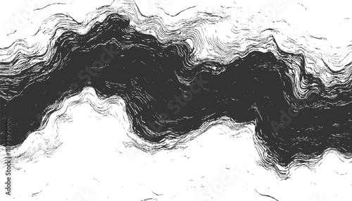 Dynamic monochrome abstract pattern with thick, flowing lines and a central dark void creating a sense of movement and depth like a river or canyon