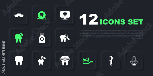 Set Dental floss, Syringe, Toothache painkiller tablet, Toothbrush with toothpaste, Broken, caries and drill, and Teeth braces icon. Vector