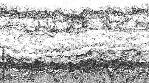 Detailed abstract of layered geological formations or rock strata rendered with expressive line work and shading in black and white