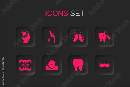 Set Otolaryngological head reflector, Dental pliers, Toothache, Broken tooth, Safety goggle glasses, plate and Dentures model icon. Vector