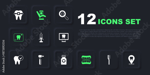 Set Toothbrush, Dental clinic location, Syringe, Dentures model, X-ray of tooth, drill, Medical dental chair and Toothache painkiller tablet icon. Vector