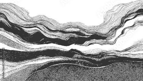 Abstract monochrome landscape with layered wavy lines and textured dark areas resembling aerial views of terrain or flowing water bodies
