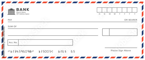 Bank check, vector blank money cheque, checkbook template with guilloche pattern and fields. Currency payment coupon, money check background