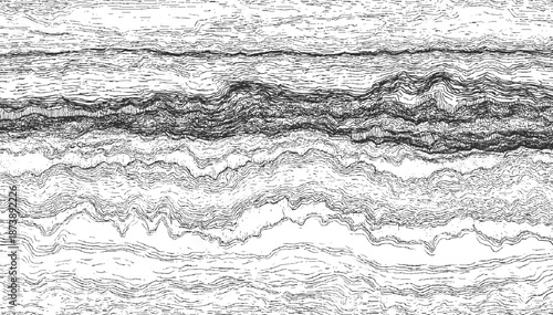Detailed monochrome abstract pattern featuring horizontal wavy lines and layered textures reminiscent of geological cross-sections or seismic data