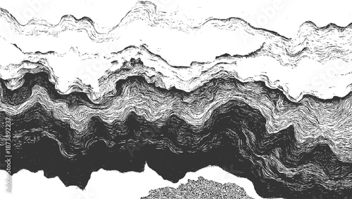Abstract monochrome textured background with wavy lines and organic shapes resembling geological strata or sound waves