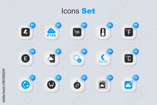 Set Weather forecast, app, Cloud and lightning, Moon, Celsius, Lightning bolt and Sun icon. Vector