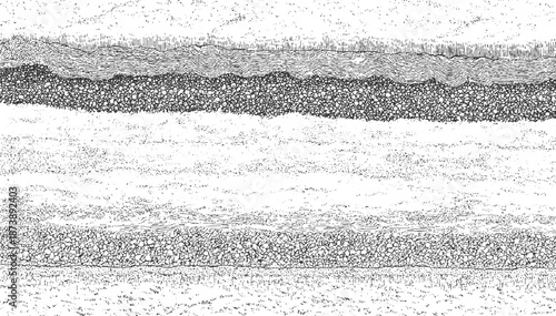 Black and white cross section of layered earth with gravel and wavy lines texture pattern abstract