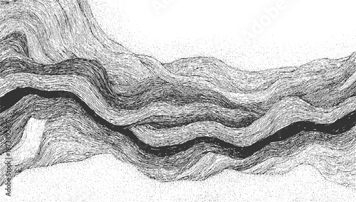Dynamic monochrome abstract with flowing wavy lines and granular textures creating a sense of movement and depth reminiscent of water currents or wind patterns