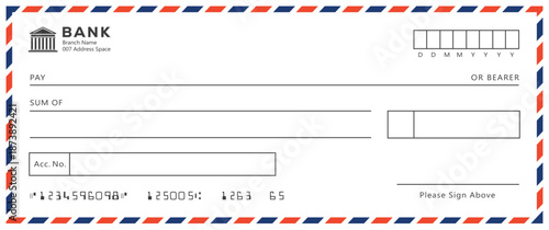 Bank check, vector blank money cheque, checkbook template with guilloche pattern and fields. Currency payment coupon, money check background