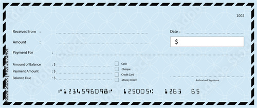 Blue Bank check, vector blank money cheque, checkbook template with guilloche pattern and fields. Currency payment coupon, money check background