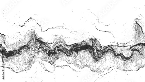 Detailed topographic map contour lines illustrating a winding river valley with textured mountainous terrain and a stark black and white aesthetic