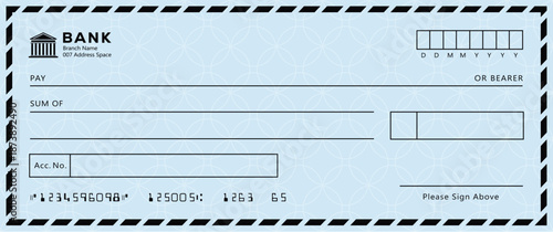 Blue Bank check, vector blank money cheque, checkbook template with guilloche pattern and fields. Currency payment coupon, money check background