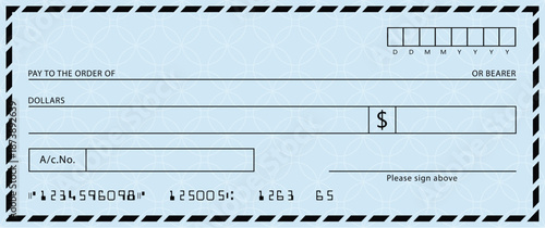 Blue Bank check, vector blank money cheque, checkbook template with guilloche pattern and fields. Currency payment coupon, money check background