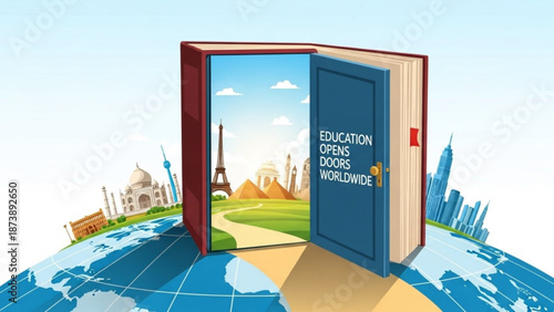 Education opens doors worldwide through a book with landmarks in the background with travel and learning and knowledge and global and culture