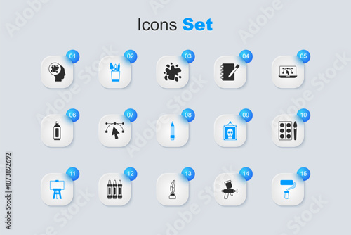 Set Paint spray gun, Bezier curve, Pencil case stationery, Wood easel, roller brush, Watercolor paints box, and with eraser icon. Vector