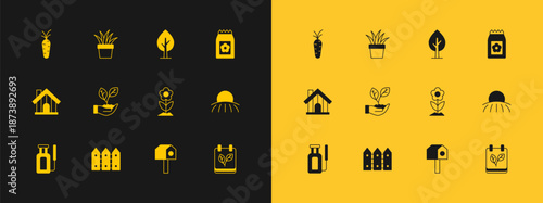 Set Pack full of seeds, Garden fence wooden, Flower, Bird house, Leaf in hand, Tree, Carrot and Plant pot icon. Vector