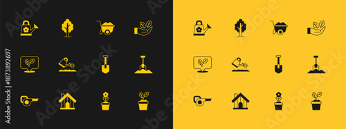 Set Leaf in hand, Farm house, Shovel, Flower pot, Watering can, Wheelbarrow, and Tree icon. Vector