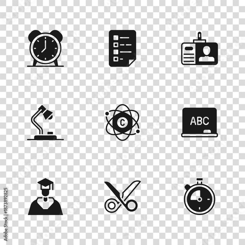 Set Scissors, Chalkboard, Stopwatch, Atom, Identification badge, Alarm clock, Clipboard with checklist and Table lamp icon. Vector