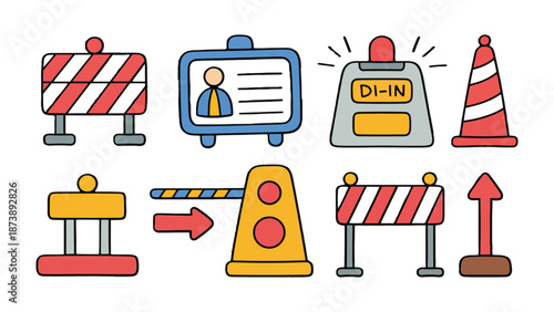 Road Safety Icons: A collection of various road safety and traffic control icons, each with distinct designs and bright colors. These icons highlight important elements used to ensure safe traffic.