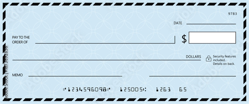 Blue Bank check, vector blank money cheque, checkbook template with guilloche pattern and fields. Currency payment coupon, money check background
