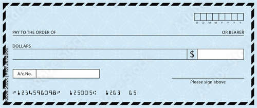 Blue Bank check, vector blank money cheque, checkbook template with guilloche pattern and fields. Currency payment coupon, money check background