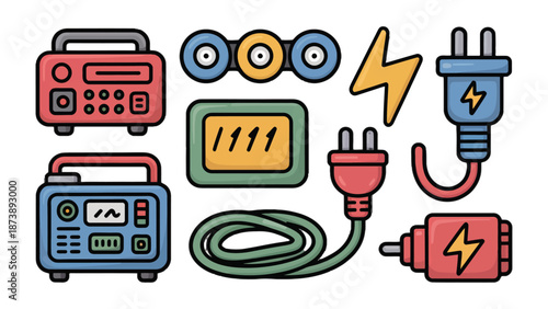 Electric components design: A collection of various electric components, including plugs, generator, and more, each with unique design and bright color.