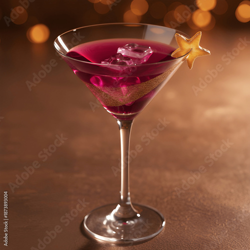 Magenta Martini with Star Shaped Fruit Garnish and Ice Cubes in Stemmed Glass