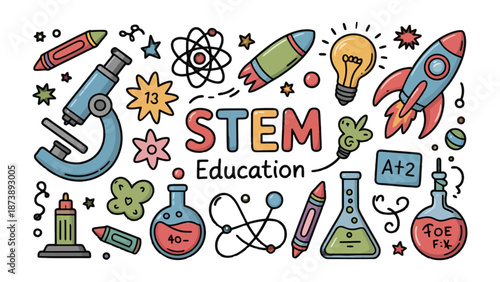 STEM Education Elements: Colorful illustration of elements related to STEM education, showcasing a variety of educational and scientific items and the spirit of discovery and innovation. 
