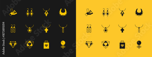 Set Necklace, Diamond, Christian cross chain, Shopping bag jewelry, Pendant necklace, engagement ring box and Earrings icon. Vector