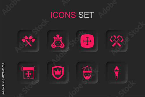 Set Shield with crown, Princess or queen, Crossed medieval axes, King, battle hammers, Torch flame, Crusade and icon. Vector