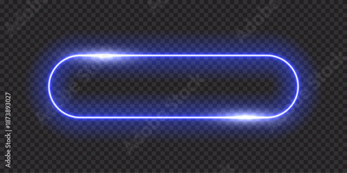 Neon glow light rounded rectangle frame. Led rectangular game button. Blue light outline on transparent with soft luminous effect. Futuristic UI element. Modern colorful geometric vector illustration.