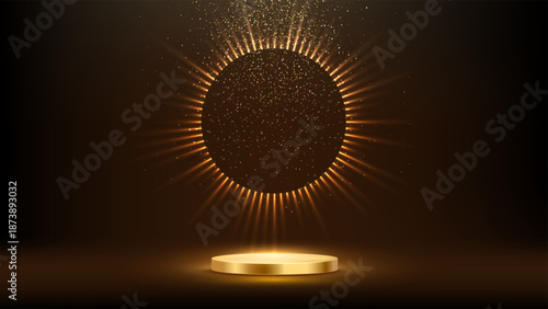 Golden award podium. Round gold pedestal with metallic surface under glowing circle halo and radiant light rays on dark. Luxury presentation stage. Premium vector illustration.
