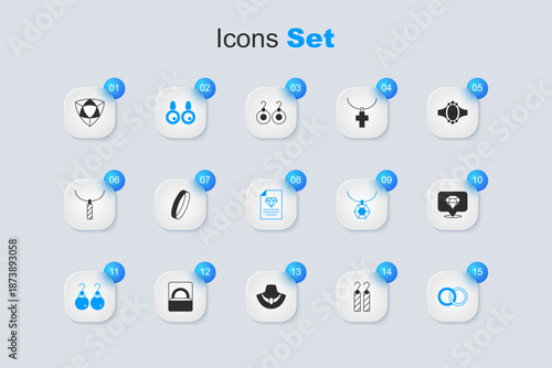 Set Earrings, Wedding, Diamond, and Certificate of the diamond icon. Vector