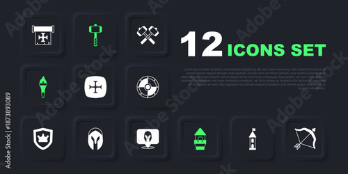 Set Castle tower, Medieval bow and arrow, Crusade, Torch flame, helmet, Battle hammer and icon. Vector