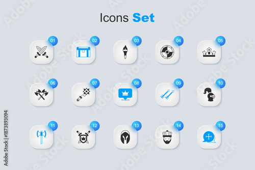 Set King with crown, Mace spikes, Antique treasure chest, Medieval poleaxe, Crusade, helmet, Crossed medieval sword and icon. Vector
