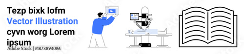 Man holding laptop with video content, robot working at desk, and open book symbolizing learning, innovation, and automation. Ideal for education, collaboration, robotics, learning technology